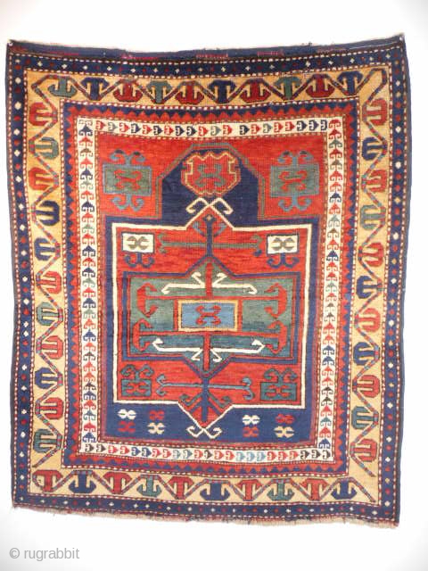  SOLD Kazak prayer rug, nice strong colours with lovely abrashed green/blue, good condition,  attractive small rug, 19th cent.  1m20 x 1m         