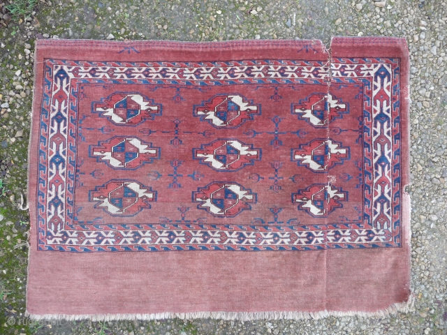 Fragmented Turkman juval 19th cent. lovely wool and good colours , needs washing.  SOLD                  