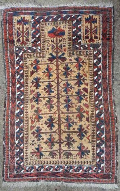  SOLD Charming small Baluch prayer rug; 19th cent.; 4ft x 2ft7ins. Nice wool , good condition, "truly tribal"              