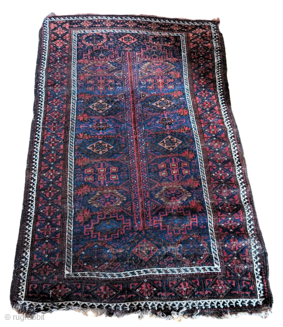  
A late 19th/early 20th century Baluch (Timuri/Sangtschuli) rug size 168x108cms

A classic compartmental design with a variety of Baluch guls in overall fair/good condition.Losses to both kilim ends which are extant but  ...