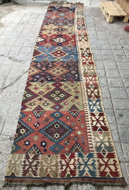 19th century anatolian kelim frag in excellent condition. 420 x 87 cm.                     