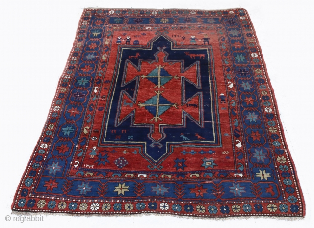 Tovuz wedding rug dated 1931 with small people and animals on it. 250 x 170 cm.                 