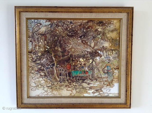 Balinese painting by Chinese Indonesian artist, Sen Pao, circa 1980. 
A mystical rendering of a "warung" - a village food stall. 
Well framed and in good condition.      