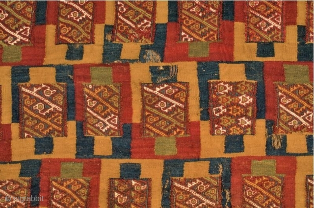 Inca highlands, Ca 1200 to 1400 CE. Very large multi-color woven panel of classic Inca design consisting of 208 small rectangular panels, each containing four diagonal rows of semi-abstract birds, some with  ...