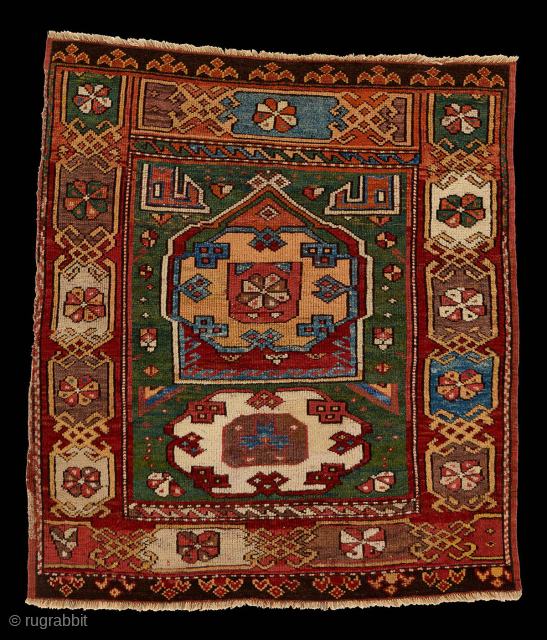 Central Anatolian Village Prayer Rug, likely Konya, ca. 1875, 4 ft. 2 in. x 3 ft. 8 in. Wonderful green and sky blue. Email for price. arto@armenianrugs.com      