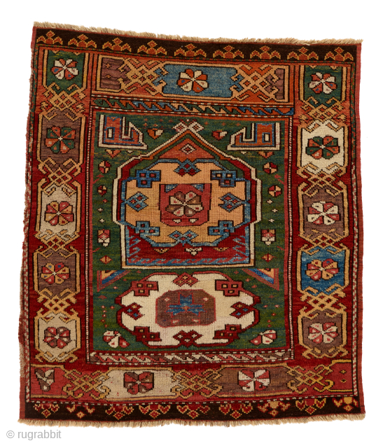 Central Anatolian Village Prayer Rug, likely Konya, ca. 1875, 4 ft. 2 in. x 3 ft. 8 in. Wonderful green and sky blue. Email for price. arto@armenianrugs.com