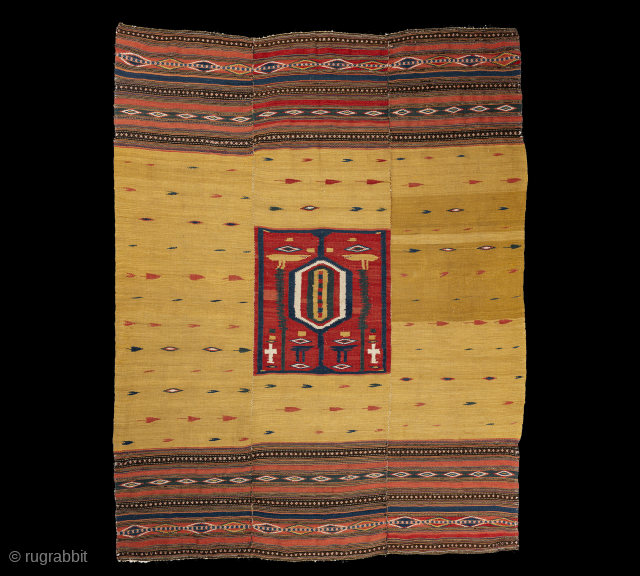 Unique mid-19th C Persian Bakhtiari kilim. Gorgeous yellow color along with complimentary red, green and blue. Soft and elegant. 220 cm x 190 cm. For more info and price please email me  ...
