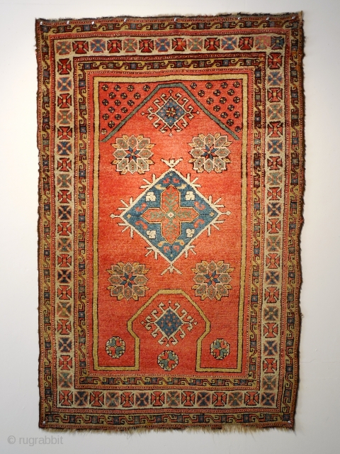 An eighteenth century western Anatolia prayer rug, 42" X 66". A rare so called keyhole or re entry design. Original untouched condition.           