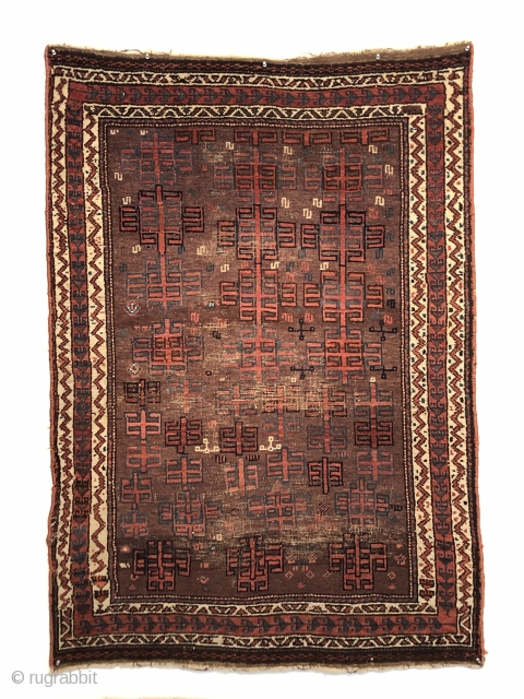 An early Baluch rug, 3'7" X 5' remnants of Killim on both ends. Old overcast on the sides. Extremely glossy and deeply saturated with great dyes pashmina wool pile. Finely knotted as  ...