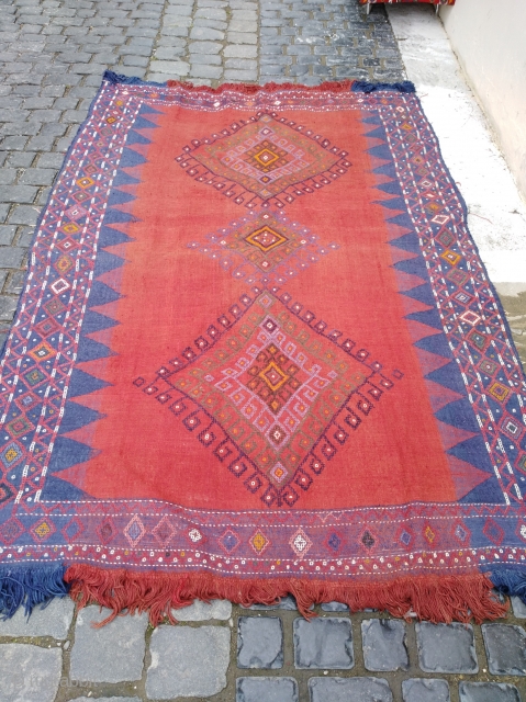 Antique Wonderful Caucasian Verneh Rug, Karabakh flatwave. 19th century. Beautiful natural colours, weave and embroidery, drawing, figures. Cotton on cotton. Great condition. Size 170x250cm.
Please feel free to contact me. Thank you  