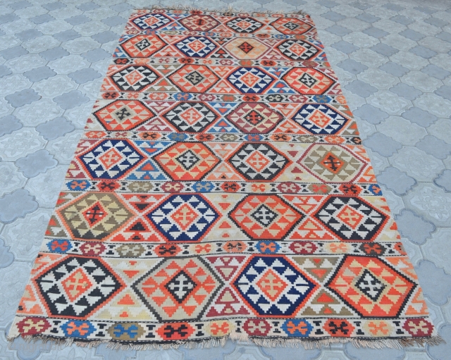 Semi antique Caucasian Shirvan kilim, ~80-100 years old. Wool on wool. Size 150x290cm, 4'11" x 9'6". It has some wear, as seen in the photos, some color run, but good overall condition. 