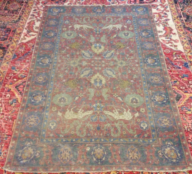 Central Persia 205x130 cm (6ft7in x 4ft2in) 17th-18th

Condition: Fair, even low pile, losses to upper end.

Cotton warp, cotton weft, wool pile            