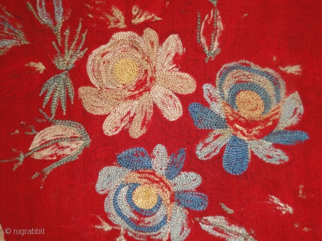 An Ottoman embroidery. Wonderful colours. Some parts of the embroidery missing. Cm 175x105. Silk on wool.                 