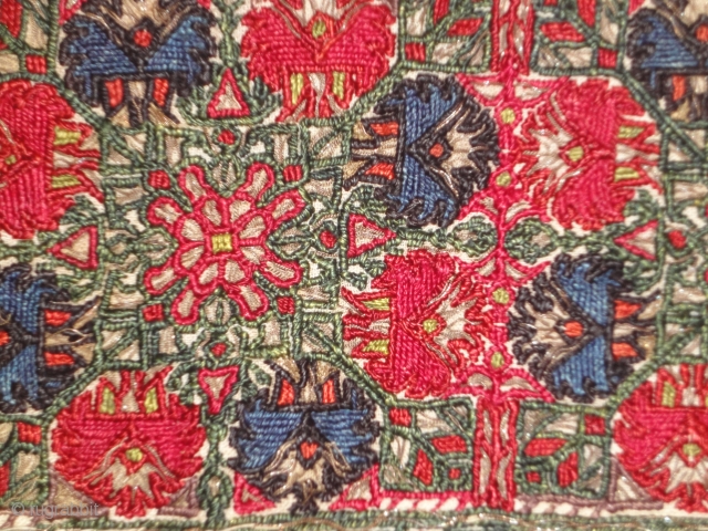 A Cretan embroidery fragment. 19th century. Silk and metal thread on linen. Cm 45 x 38.                 