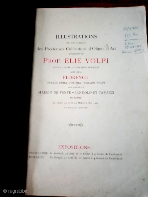 An important reference book for scholars and researchers of classical carpets. Auction catalogue of the Volpi auction of 1911. Plates only. Very good condition.         