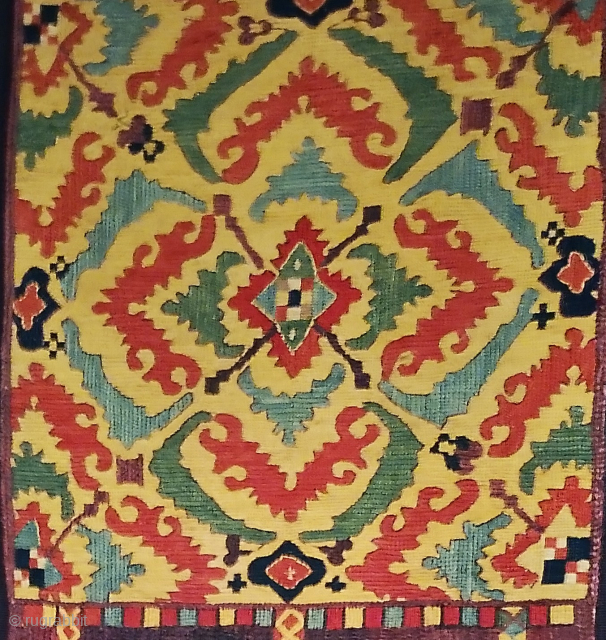 A remarkable Moroccan embroidery. Silk on cotton. cm 33 x 162. Conserved and mounted on a rigid panel.               