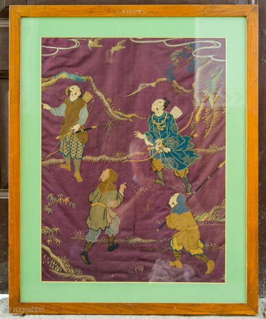 Remarkable 18th century embroidery fragment. Silk on Silk. Found framed. In need of conservation. Cm 46 x 62 plus frame.             