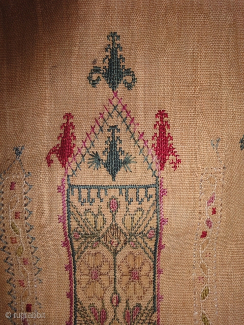 A Cretan embroidery. "Mirhapli". Silk on linen. Cm 80 x 70. Good condition.                    