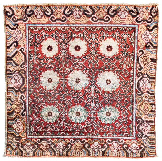 Lot 12, Khotan silk, 88 x 88 cm (2ft. 11in. X 2ft. 11in.), starting bid Euro 1.200, Auction Saturday January 27th 5pm. https://www.liveauctioneers.com/item/58568879_khotan-silk          
