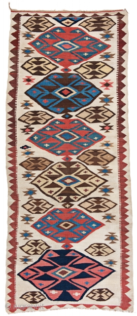 Shahsavan Kilim, 315 x 130 cm (10 ft. 4 in. x 4 ft. 3 in.), Aserbaidschan, ca. 1900, Starting bid € 200, Auction March 9th at 4pm, https://www.liveauctioneers.com/item/69398192_shahsavan-kilim     