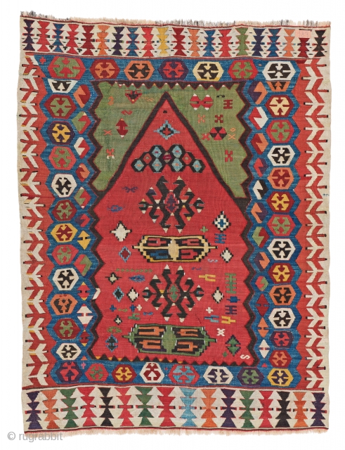 Central Anatolian Prayer Kilim, 125 x 97 cm (4 ft. 1 in. x 3 ft. 2 in.), Turkey, late 19th century, Starting bid € 200, Auction March 9th at 4pm, https://www.liveauctioneers.com/item/69398230_central-anatolian-prayer-kilim  