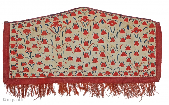 Lot #166, Tekke embroidered asmalyk,
4ft. 7.5in. x 2ft. 3.5in. (141 x 70 cm),
Turkmenistan circa 1820,
Condition: very good, some losses to embroidery,
wool ground cloth, wool embroidery, Estimate: €8,000 - 12,000, Auction: March 15th  ...