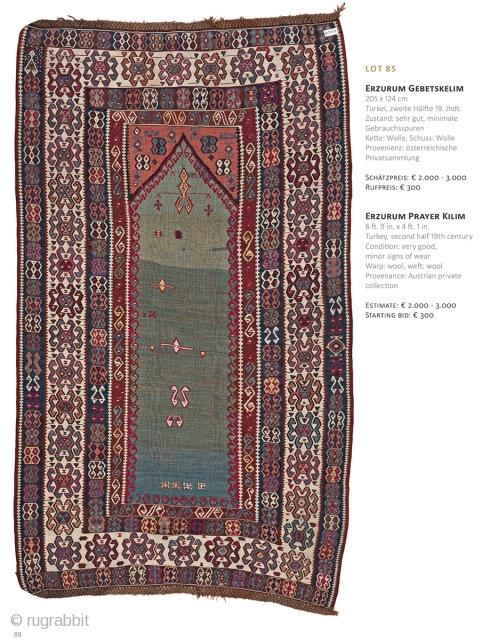 Auction on March 30th at 4pm, all on offer with no reserve. https://www.liveauctioneers.com/item/69912801_erzurum-prayer-kilim
                    