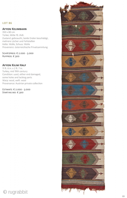 Auction on March 30th at 4pm, all on offer with no reserve. https://www.liveauctioneers.com/item/69912802_afyon-kilim-half
                    