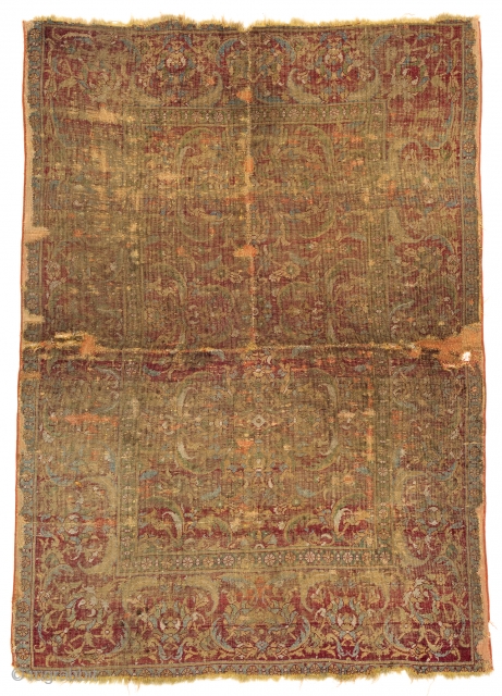 Lot 147, KAIRO FRAGMENT 177 x 126 cm (5ft. 10in. x 4ft. 2in.) Egypt, 16th century Condition: fragment, several repairs and age-related signs of use Warp: wool, weft: wool, pile: wool. 

The  ...