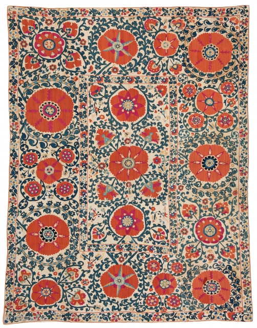 Lot 184, SHAKHRISYABZ SUZANI 242 x 184 cm (7ft. 11in.) Uzbekistan, mid-19th century, Textile Gallery London stamp on the back, Published: "Alte orientalische Flachgewebe", Franz Bausback, 1977, page 70. Auction April 22nd,  ...