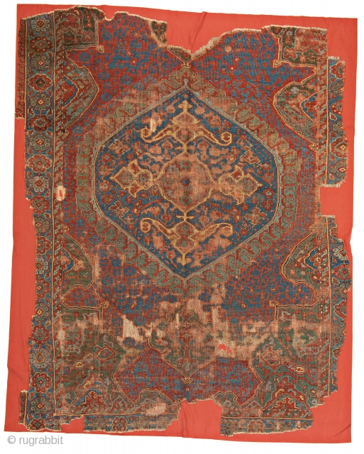 Medallion Ushak Carpet Fragment, 270 x 221 cm (8 ft. 10 in. x 7 ft. 3 in.), Turkey, early 18th century, Starting bid € 600, Auction May 18th at 4pm, https://www.liveauctioneers.com/item/71360074_medallion-ushak-carpet-fragment  
