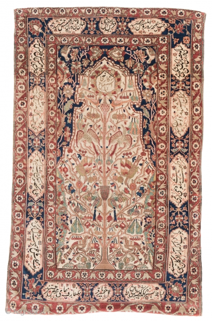 Lot 44, Ferahan, 221 x 138cm (7ft. 3in. x 4ft. 6in.), Persia late 19th century, 
Condition: good, brown corroded, both ends incomplete, few small holes, backed with fabric, Starting price: Euro 1800,  ...