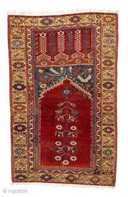 Lot 13, Ladik prayer rug, published Schürmann “Teppiche aus dem Orient” 1976 page 73, 5ft. 5in. x 3ft. 5in., Turkey 18th century, Condition: good, both ends rewoven, replaced selvedges, few small areas  ...