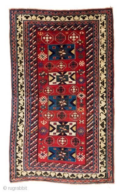 Lot 47, Borjalu Kazak, published Schürmann “Caucasian rugs“ 1990 plate 12,
4ft. 7in. x 4ft. 9in.,Caucasus circa 1850, condition: good, original selvedges and ends, two small sewn fold lines, corroded brown, Wool warp,  ...