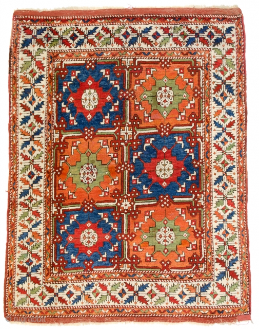 LOt 55, Bergama, 7ft. 1in. x 5ft. 5in., Turkey mid- 19th century, condition: good, original kilim ends and selvedges, some old repairs, wool warp, wool weft, wool pile, Estimate: € 2,000 –  ...