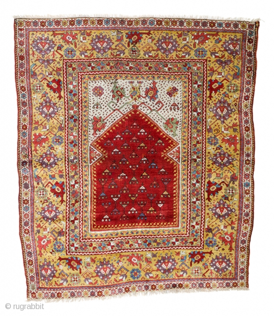 Lot 114, Melas prayer rug, published in Schürmann, “Teppiche aus dem Orient” 1976 page 83, 5ft. 4in. x 4ft. 7in., Turkey first half 19th century, condition: good, losses to both ends, replaced  ...