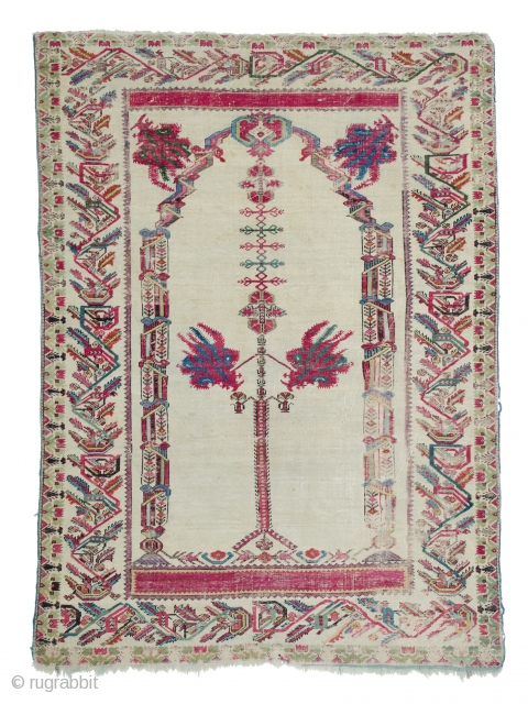 Lot 156, Ghiordes prayer rug, published in Schürmann “Teppiche aus dem Orient” 1976 page 93, 6ft. 3in. x 4ft. 6in., Turkey dated by Schürmann 1820, condition: good, minor losses to upper end,  ...
