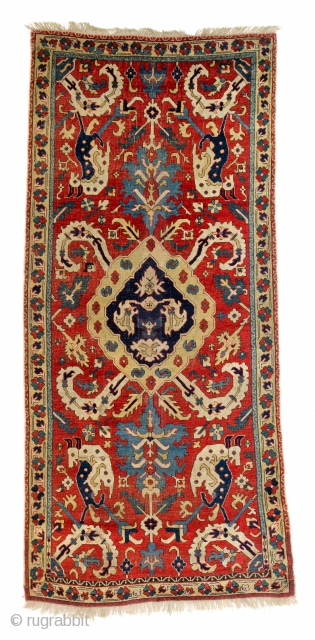 Lot 85, Caucasian animal rug, published in Schürmann “Caucasian Rugs” plate 93 and Schürmann “Bilderbuch für Teppichsammler” 1960 plate 38, 7ft. 3in. x 3ft. 4in.
Caucasus dated by Schürmann 17th century, condition: very  ...