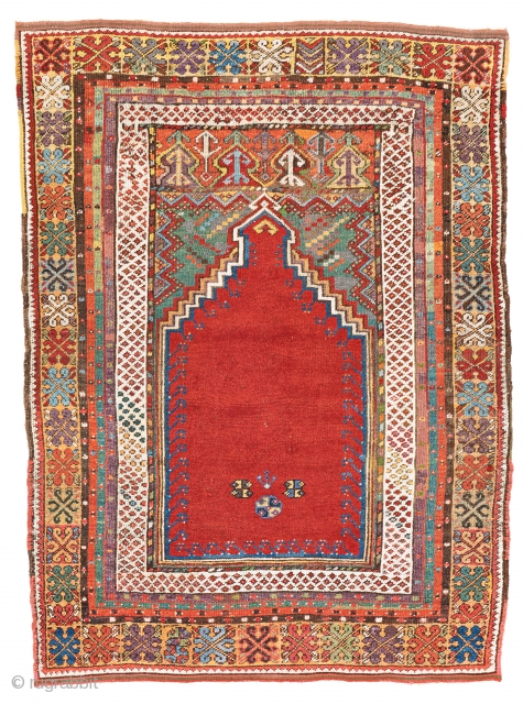 Lot 14, Mudjur Prayer Rug, 5 ft. 1 in. x 3 ft. 10 in., Turkey, ca. 1870, condition: good, ends restored, some repairs and reweavings, Warp: wool, weft: wool, pile: wool, Provenance:  ...