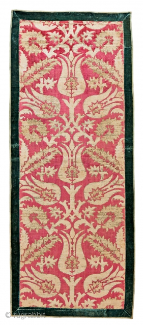 Lot 150, Ottoman Catma, 5 ft. 6 in. x 2 ft. 3 in., Turkey, 17th century, Condition: good according to age, some abrasions,, damages and losses at metal stitching, Silk velvet with  ...