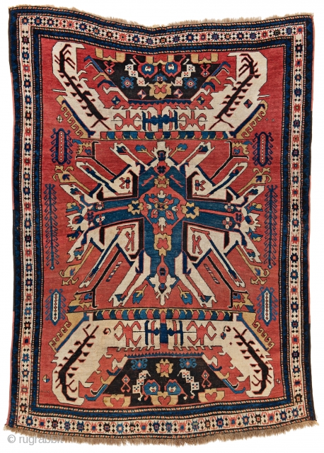 Lot 18, Early Sunburst Eagle Kazak, 7 ft. 9 in. x 5 ft. 6 in., Caucasus, first half 19th century, Condition: good, pile partly low, bottom end incomplete,
dark brown partly rewoven, some  ...