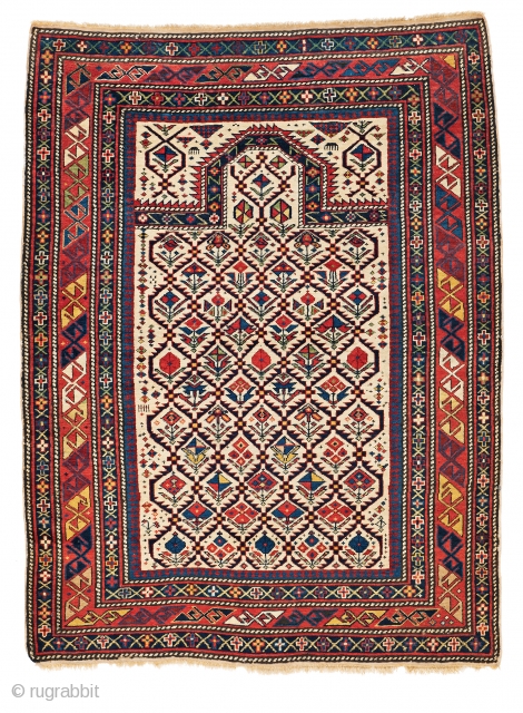 Lot 6, Daghestan Prayer Rug,
4 ft. 9 in. x 3 ft. 8 in.,
Caucasus, second half 19th century,
Condition: very good, minor signs of use,
Warp: wool, weft: cotton, pile: wool,
Provenance: Theo Häberli private collection,  ...