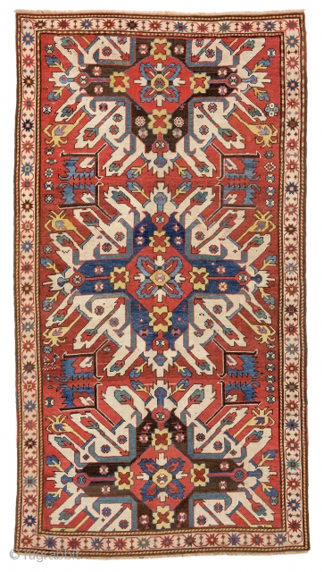 lot 1, Eagle Kazak,
Caucasus ca. 1870,
8ft. x 4ft. 7in.,
Condition: good,
corroded brown, some low pile, upper end rewoven,
lower end partly rewoven, several repairs and reweavings
wool pile, wool warp, wool weft,
Starting bid and limit:  ...