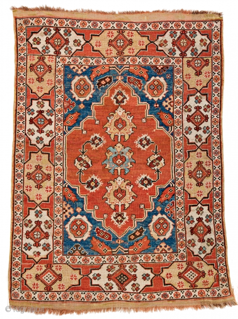 Lot 41, Transylvanian Rug with Cartouche Border, 5 ft. 7 in. x 4 ft. 2 in., 
Turkey, late 17th century, Condition: good according to age, pile partly low, some old repairs, dark  ...