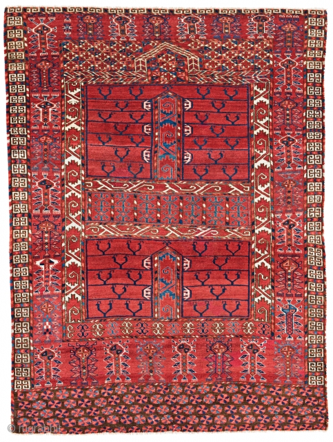 Lot 53, Tekke Ensi, 5 ft. x 3 ft. 8 in., Turkmenistan, early 19th century
Condition: good, both ends slightly incomplete, few small repairs, Warp: wool, weft: wool, pile: wool, Provenance: German private  ...