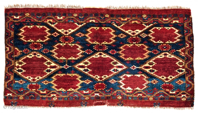 Lot 74, Ersari Torba, 2 ft. 8 in. x 1 ft. 5 in., Turkmenistan, mid 19th century, 
Condition: good, two old repairs, side edges incomplete, signs of use at bottom end, Warp:  ...