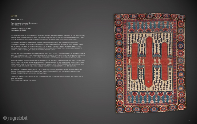 Lot 11, Bergama Rug, West Anatolia, first half 18th century, 219 x 162 cm (7' 2" x 5' 4"), Auction on November 16 at 4pm, https://www.liveauctioneers.com/item/77289546_bergama-rug       