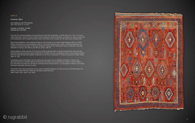 Lot 13, Sarkisla Rug, East Anatolia, late 17th century, 203 x 147 cm (6' 8" x 4' 10"), Auction on November 16 at 4pm, https://www.liveauctioneers.com/item/77289548_sarkisla-rug        