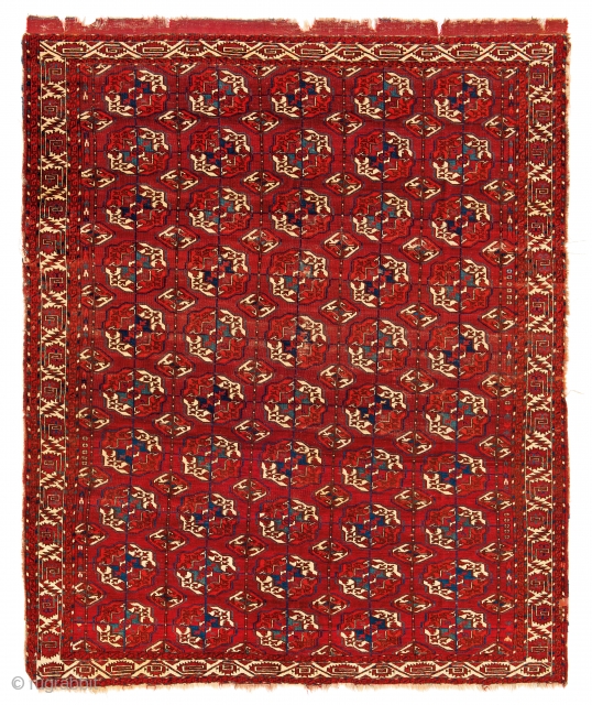 Fine Antique Oriental Rugs VI, The Azadi collection, Lot 11,Tekke main carpet
Turkmenistan, ca. 1800, 7ft. 4 in. x 6ft. 2 in., Condition: Good, pile low in places, sides and upper end incomplete,  ...