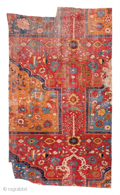 Lot 157, Khorasan fragment of a saf prayer carpet,
East-Persia 17th century, 5 ft. 8in. x 2ft. 9in., 172 x 85 cm.
Provenance: former Wher collection, Lugano.
Published.: Eberhart Herrmann, Asiatische Teppich- und Textilkunst, Band  ...